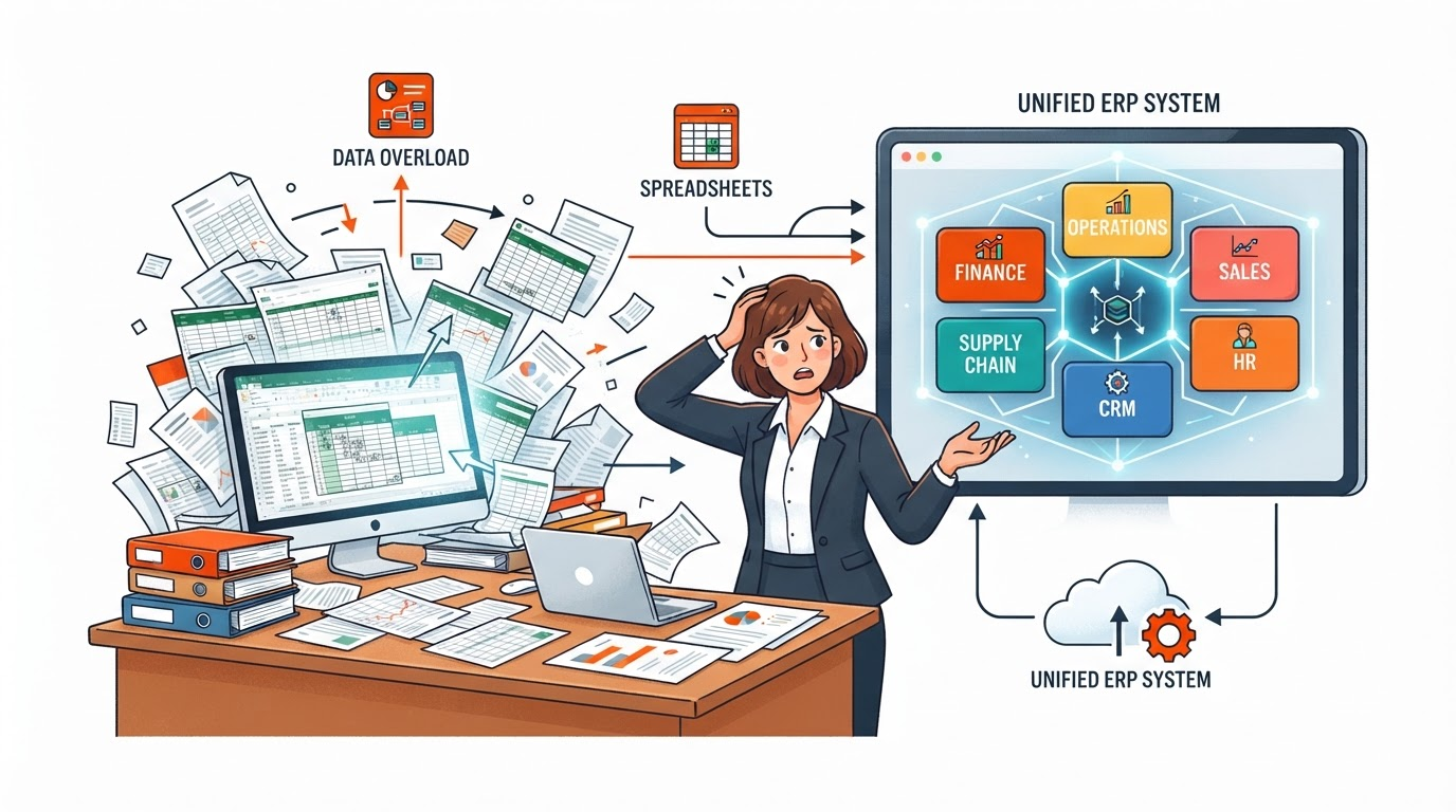 ERP vs spreadsheets — moving from spreadsheet chaos and siloed data to a unified ERP dashboard with real-time visibility
