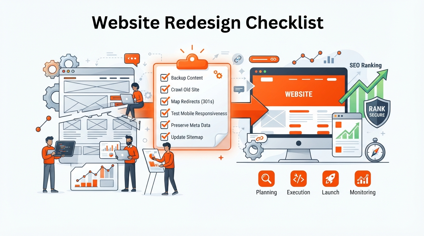 Website redesign checklist covering backup, crawl, 301 redirects, mobile testing, meta data, and sitemap — with SEO rankings secured after launch